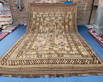 9x13,5 ft, natürliche Farbstoffe Terrakotta verblasst dünner riesiger Kelim, afghanischer Flachgewebe großflächiger Dekorationsteppich