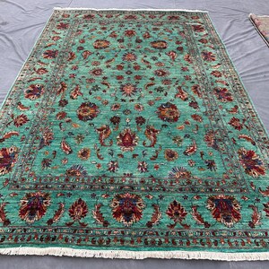 Tappeto turkmeno Kabul annodato a mano con motivi floreali color turchese, ricco di bouquet, tappeto Sultani Design, tappeto per qualsiasi stanza, 2,0x2,9 m