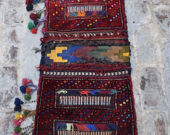 1.10x4 ft  Afghan Hand knotted Saddle Bag,Flat weave Multi Colour Bags,Artfully Texture Saddle Rug , Keeping Budgets Saver Bags , Kilim Made