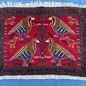Alfombra con imágenes de perdiz de 2,7 x 1,10 pies, alfombra decorativa hecha a mano para colgar en la pared, auténtica alfombra pictórica de lana con decoración artística, nueva alfombra cuadrada roja rara