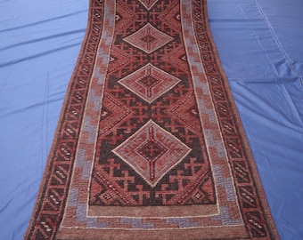 Handgemaakt Afghaans mushwani-lopertapijt 2 x 8, tribal wollen kelim halloper, geometrische diamanten entreetapijt, roodbruine bohogang