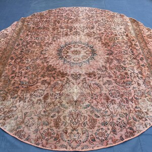 8.4x8.4 ft, Antique Circle Hand Knotted Zero Pile Wool Rug, Vintage Afghan Tribal Room center Decor Faded Area Rug.