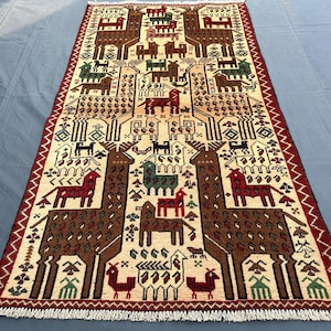 2'9"x5' ft, Tribal Handmade Natural Dyes Wool Rare Rug, Animals Birds Pictures Design Vintage Rug.