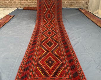 Handgeknoopte Afghaanse wollen kelimloper, tribal decor, 2,8 x 12,3 ft