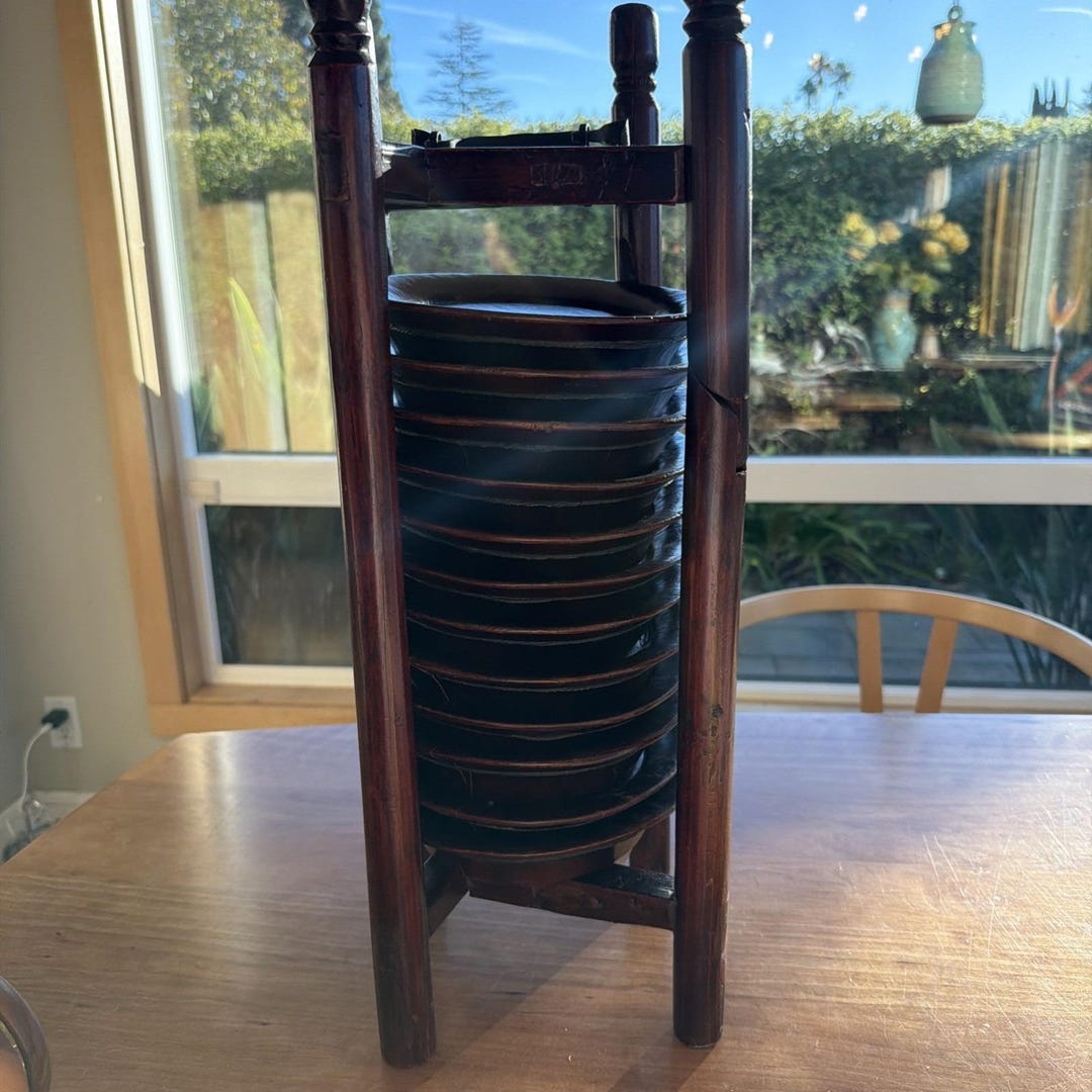Vintage Chinese Wooden Plate Rack W/ 12 Lacquered Plates Hand Marked ...