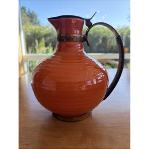 Vintage Bauer Pottery Ringware Pitcher w Metal Lid Handle 9" Los Angeles