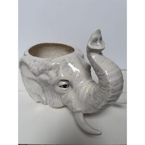 Könnte beinhalten: Ein weißer Keramik-Elefantenkopf-Pflanztopf mit detailliertem Rüssel und Stoßzähnen. Der Pflanztopf hat eine große Öffnung für Pflanzen und eine strukturierte Oberfläche. Das Auge des Elefanten ist mit schwarzer Farbe detailliert.