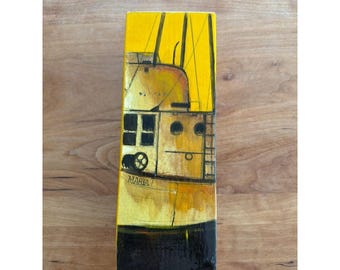 Barco María, de estilo moderno de mediados de siglo, pintado a mano sobre madera.