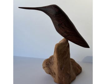 Harold Schlack 1983 Signed Bocote Original Wood Hummingbird Sculpture Burl Base