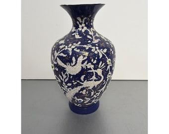 Vintage Cobalt Blue Enamel Vase with Raised White Enamel Bird & Floral Design 6