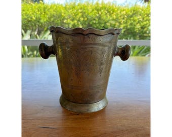 Vintage Etched Silver Ice Bucket with Scalloped Rim and Handles
