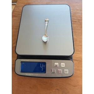 Puede incluir: Una pequeña cuchara de plata con un mango decorativo con un diseño colorido. La cuchara se coloca en una balanza digital, que muestra un peso de 4. La balanza es plateada y negra.