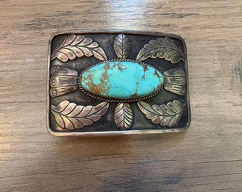 Vintage Navajo Sterling Silver Turquoise Belt Buckle Leaf Feather Signed