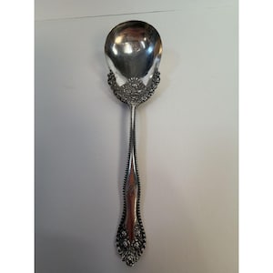 May include: A silver-toned metal spoon featuring an ornate floral relief pattern at the base of the bowl and the handle tip. The handle is detailed with a beaded edge design that runs along both sides, leading to a smooth, polished center section.