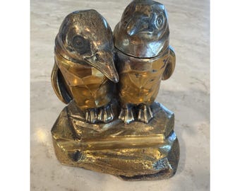 Antikes Art Deco Pinguin Doppel-Tintenfass - Made in Japan - Original Glaseinsätze