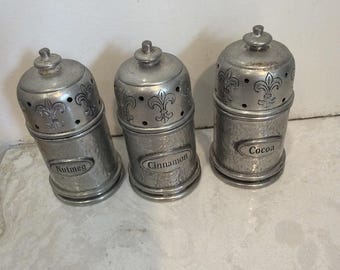 Vintage spice shaker set includes pewter cinnamon nutmeg cocoa