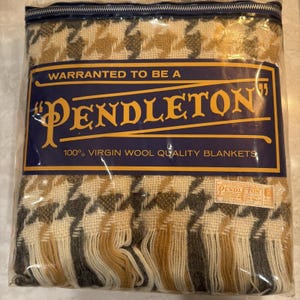 Manta de lana PENDLETON vintage de los años 60, nueva en su empaque original, a cuadros blancos, grises y beige, Z-2223