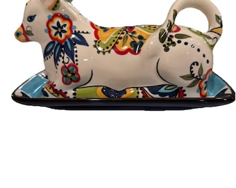 España Lifestyle Bocca 2pc Ceramic Cow Butter dish Keeper Handpainted Floral HTF
