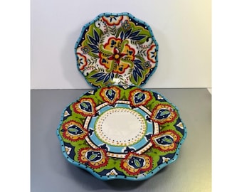 Español Lifestyle Bocca - Juego de 2 platos festoneados pintados a mano (11" y 9")