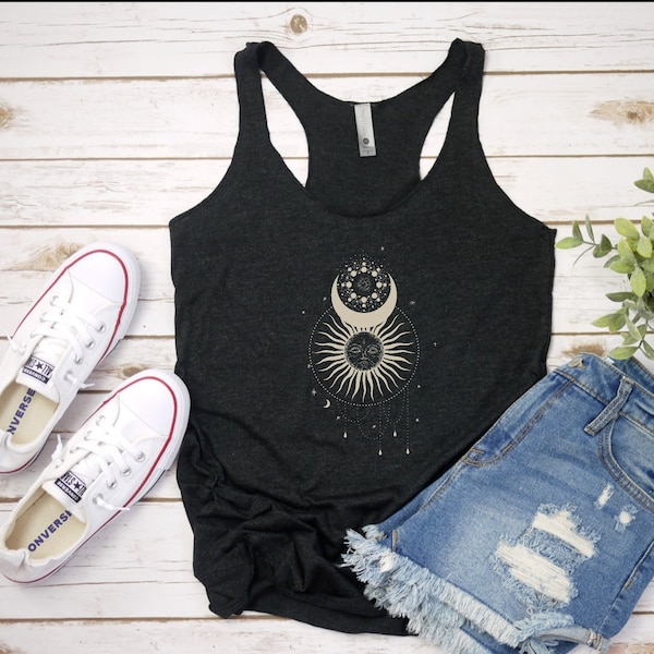 Sundrop Tank, Celestial Racerback Tank Top, Constellation, yoga top, stars, moon, astrology, mystical, boho, hippie shirt, women's tank top