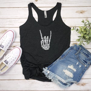 Rock on skeleton hand shirt | Womens fall shirt, Halloween tank top | Cute Halloween tank top | funny halloween tops | Halloween gym tops