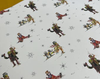 May include: White wrapping paper with a repeating pattern of whimsical figures in winter attire. The illustrations feature characters in coats, hats, and scarves, with snowflakes and musical notes scattered across the surface.
