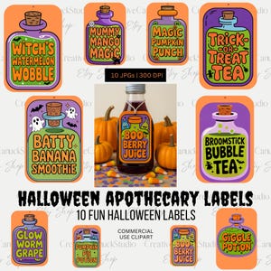 Könnte beinhalten: Eine Sammlung von Halloween-Apothekenetiketten mit verschiedenen Tranknamen wie "Magic Pumpkin Punch" und "Glow Worm Grape". Die Etiketten sind im Retro-Stil mit orange- und lilafarbenen Farbtönen gehalten, ideal für Halloween-Bastelarbeiten.