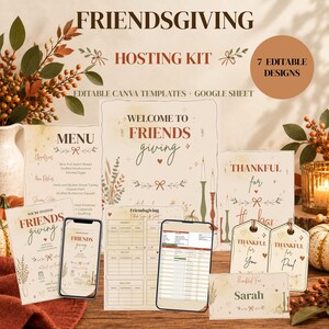 Friendsgiving Invitation Template, Potluck Sign Up Sheet, Welcome Sign, Menu, Place Cards, Favor Tags Bundle, Editable Canva Hosting Kit