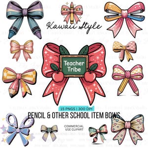Pencil Bow Clipart PNG | Groovy Pastel School Supplies Clipart | Girly Back To School PNG | Back To School Bow PNG | School Clipart