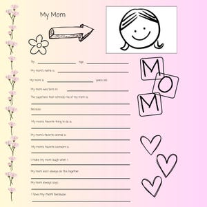 Muttertagsandenken, alles über meine Mutter, personalisierbares Muttertagshandwerk, Muttertagsarbeitsblatt, Geschenk für Mama von Kindern, Muttertagsgeschenk