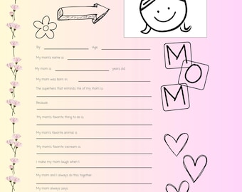 Ricordo per la Festa della Mamma, Tutto sulla mia mamma, Lavoretto personalizzabile per la Festa della Mamma, Scheda di lavoro per la Festa della Mamma, Regalo per la mamma dai bambini, Regalo per la Festa della Mamma