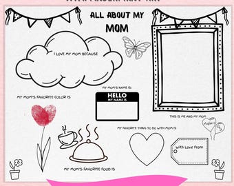 Ricordo della festa della mamma, Tutto sulla mia mamma, Regalo per la festa della mamma, Biglietto per la mamma, Arte con impronte di mani, Pagina da colorare per la festa della mamma, Giochi per la festa della mamma, Mamma