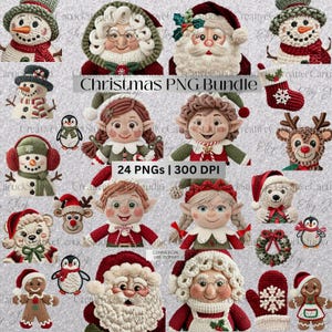 Könnte beinhalten: Eine Sammlung von 24 PNG-Bildern zum Thema Weihnachten, darunter Schneemänner, der Weihnachtsmann, Elfen und Rentiere. Die Bilder sind in verschiedenen Farben gehalten, wobei Rot, Grün und Weiß dominieren. Der Text "Christmas PNG Bundle" ist zu sehen.