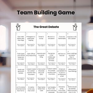 Puede incluir: Un juego de team building titulado "The Great Debate" con varios temas de discusión. Los temas están dispuestos en formato de cuadrícula, con cada cuadrado que contiene una pregunta de debate y espacio para equipos.