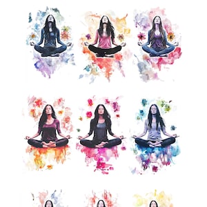 Può includere: Dodici illustrazioni ad acquerello di una persona che medita in posizione di loto con fiori e acquerelli che la circondano. Ogni illustrazione presenta una tavolozza di colori diversa.