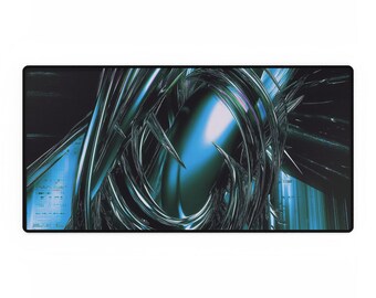 May include: Abstract design mousepad with a blue, silver, and black color scheme. The design features swirling lines and shapes.