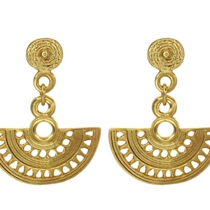 Gold Fan Earrings Precolumbian Jewelry 24k Gold Plated Museum Historical Reproduction Handcrafted Sinu Drop Earrings   Gift for Her
