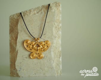 Precolumbian Butterfly 1.38" Pendant Necklace - 24k Gold Plated Museum Reproduction - Nose Ring