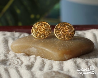 Gold Circle Disk Earrings Precolumbian Jewelry 24k Gold Plated Museum Historical Reproduction Textured Handcrafted Stud Earrings