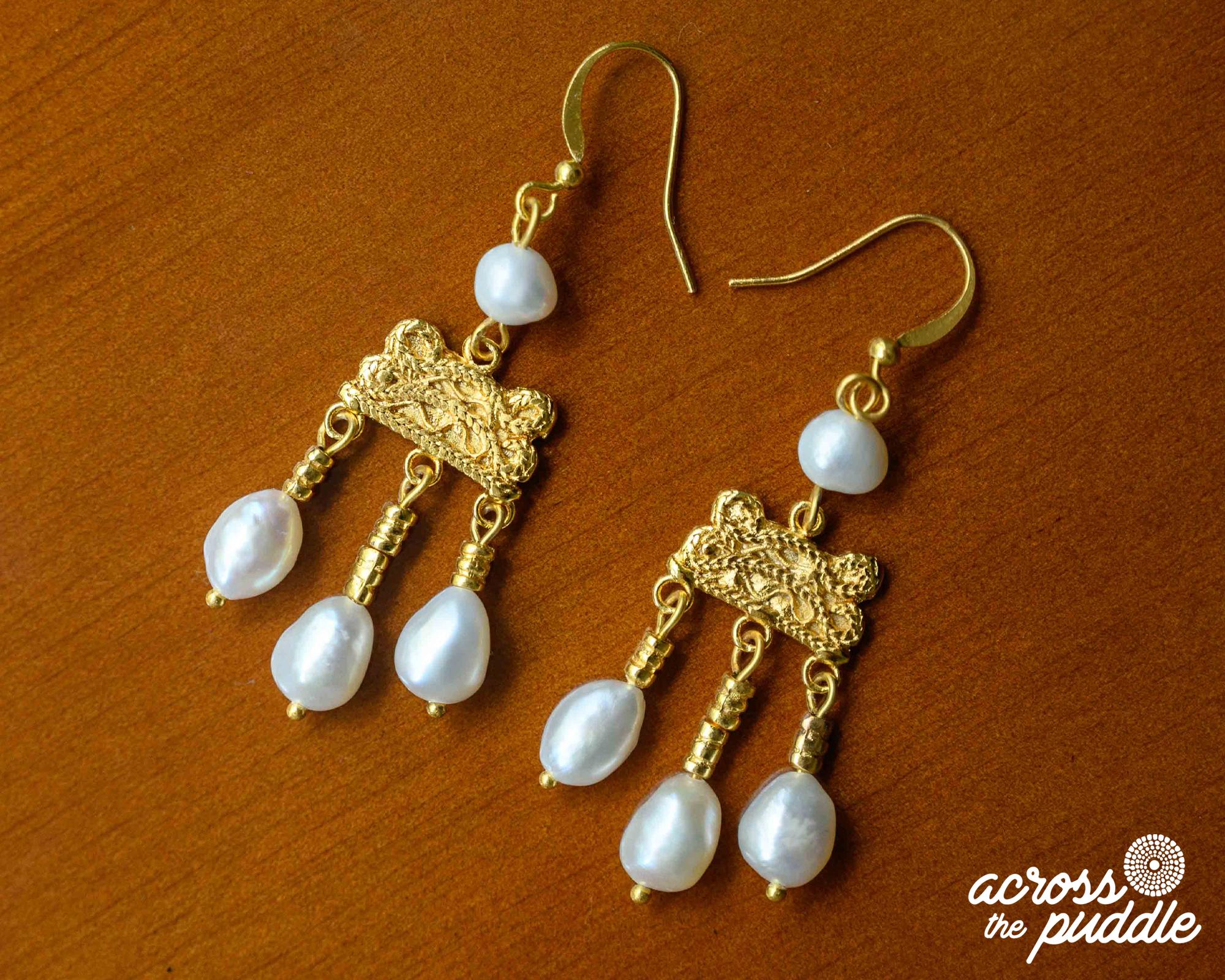 Roman Egypt Crotalia Earrings •  Cultured Pearls • 24K GP Historical Jewelry Reproduction • Museum Store s •  Gift for Pearls Fans