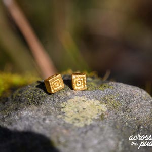 Minimalist Gold Earrings Precolumbian Jewelry 24k Gold Plated Museum Historical Reproduction Carved Dainty Box Stud Earrings Gift for Her