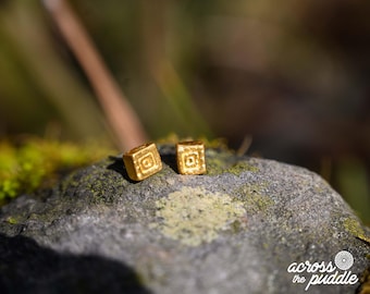 Minimalist Gold Earrings Precolumbian Jewelry 24k Gold Plated Museum Historical Reproduction Carved Dainty Box Stud Earrings Gift for Her