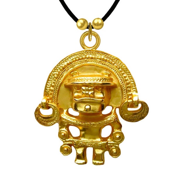 Gold Tairona Anthropomorphic Figure with Diadem  Pendant Precolumbian Jewelry 24k GP Museum Reproduction Handcrafted Necklace Holiday