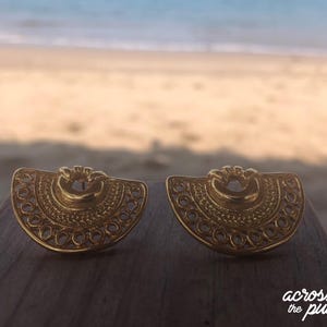 Gold Fan Earrings Precolumbian Jewelry 24k Gold Plated Museum Historical Reproduction Handcrafted Tairona Stud Earrings   Gift for Her
