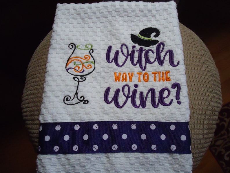 Halloween Kitchen Towel with Witches and Wine image 1