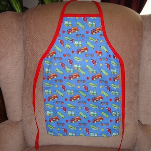 Childrens Apron with Trucks, Trains, Planes and Hearts