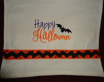 Halloween Kitchen Towel with  Bats and Script Happy Halloween