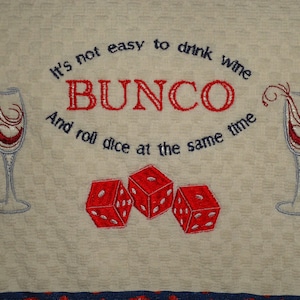 Bunco Themed Kitchen Towel with Dice and Wine Glass