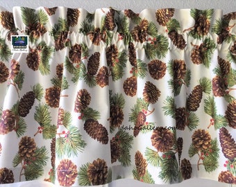 Pinecone Cabin Curtain and Holly Berries Pine Tree Sprigs Holiday / Christmas Decor Short Valance 14" L x 41" Wide Free Shipping Option