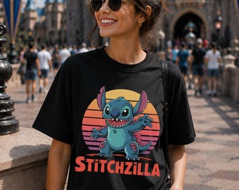 Stitchzilla T-Shirt, Funny Godzilla Cartoon Shirt, Funny Stitch Godzilla Graphic Tee, Godzilla Stitch Mashup Parody Tee, Cartoon Monster Tee
